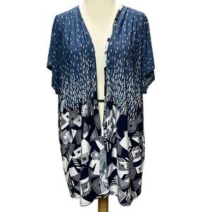 SJS Kimono Cardigan Womens 2XL Blue Geometric‎ Open Front Relaxed Layering Flowy
